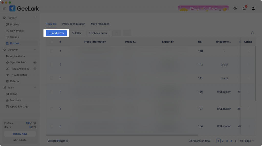 GeeLark proxy management tool